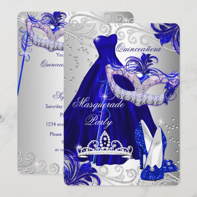 Invitación a Quinceanera con disfraces azules y pl (Anverso / Reverso)