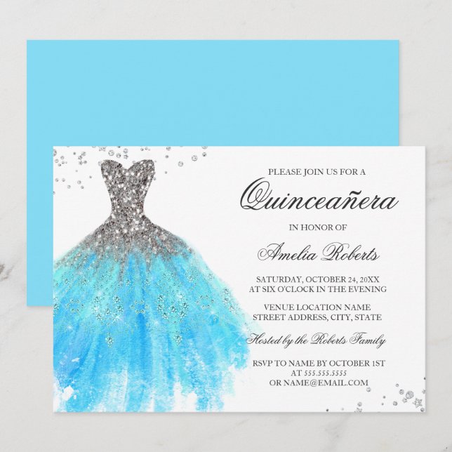 Invitación a Quinceanera con el vestido azul (Anverso / Reverso)