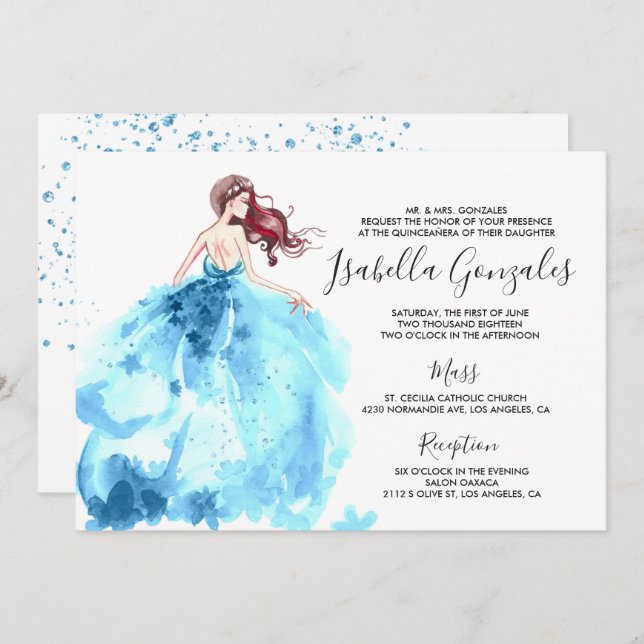 Invitación a Quinceañera con el vestido azul real (Anverso / Reverso)