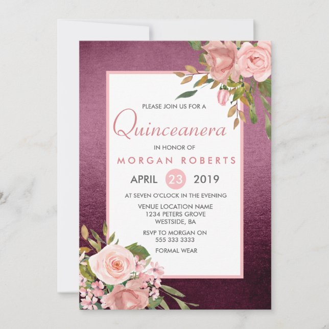 Invitación a Quinceanera con flor de borgoña rosa  (Anverso)