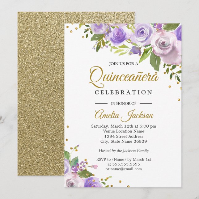 Invitación a Quinceanera con flor de espuma de oro (Anverso / Reverso)
