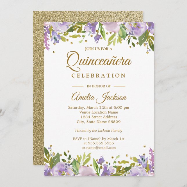 Invitación a Quinceanera con flor de oro espumoso  (Anverso / Reverso)