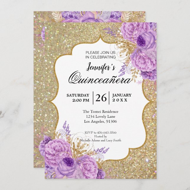 Invitación a Quinceanera con Flor Púrpura purpurin (Anverso / Reverso)
