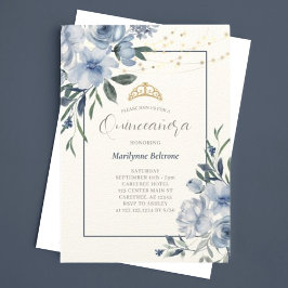 Invitación a Quinceañera con flores azules y turbi