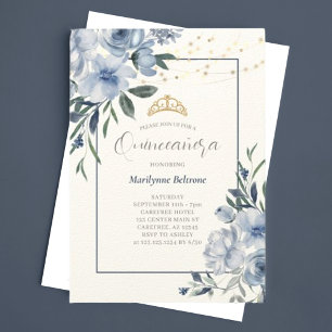 Invitación a Quinceañera con flores azules y turbi