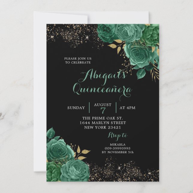 Invitación a Quinceañera con flores de esmeralda v (Anverso)