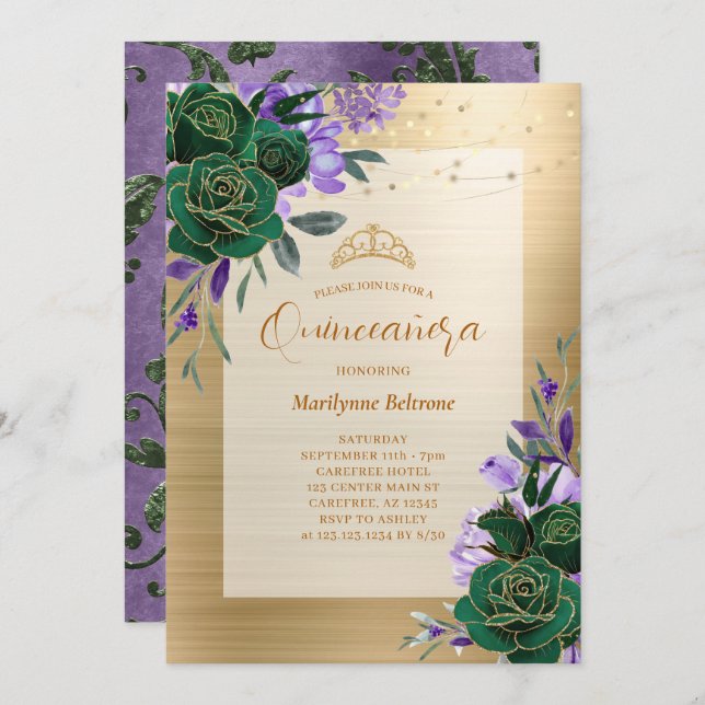 Invitación a Quinceañera con flores de oro verde p (Anverso / Reverso)