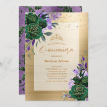 Invitación a Quinceañera con flores de oro verde p
