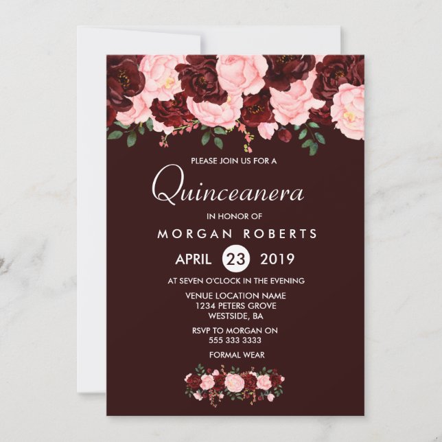 Invitación a Quinceanera con flores de Rubor rojas (Anverso)