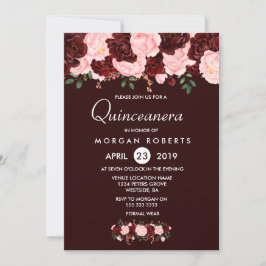Invitación a Quinceanera con flores de Rubor rojas