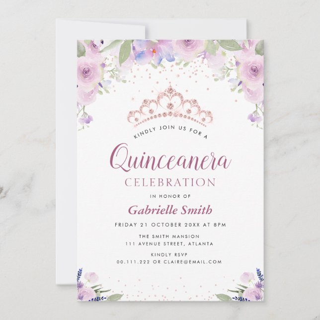 invitación a Quinceanera con flores de tiara púrpu (Anverso)