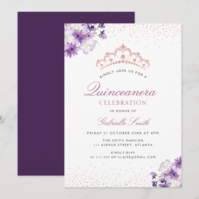 invitación a Quinceanera con flores moradas (Anverso / Reverso)