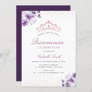 invitación a Quinceanera con flores moradas