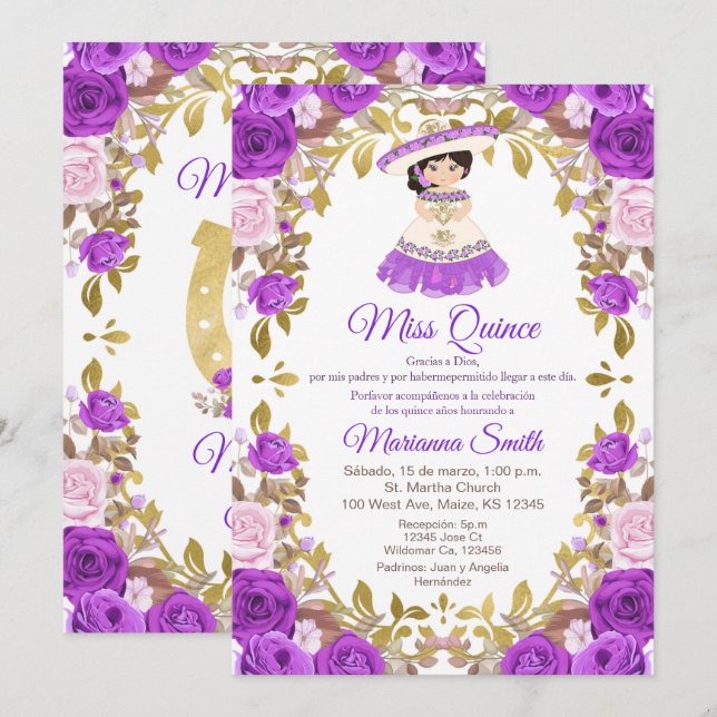 Invitación a Quinceanera con flores moradas (Anverso / Reverso)