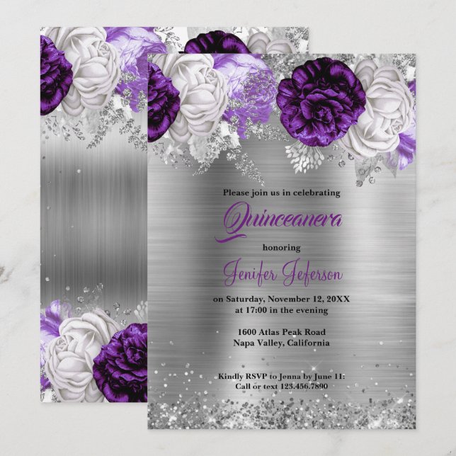 Invitación a Quinceanera con flores moradas (Anverso / Reverso)