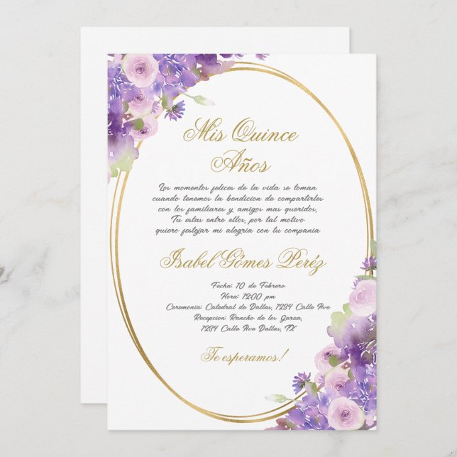 Invitación a Quinceanera con flores moradas en esp (Anverso / Reverso)