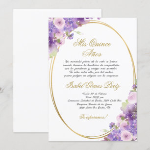 Invitación a Quinceanera con flores moradas en esp