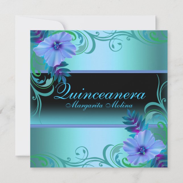 Invitación a Quinceanera con flores vibrantes azul (Anverso)