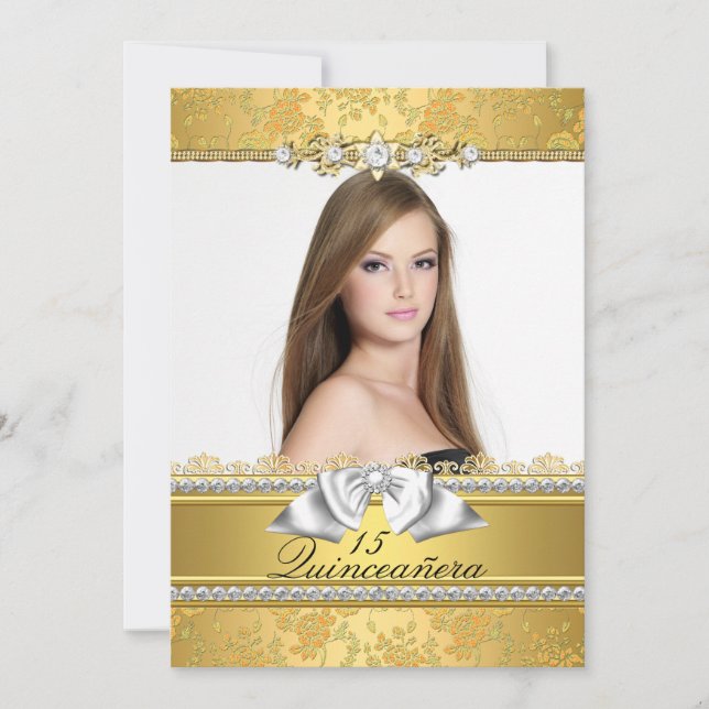 Invitación a Quinceanera con foto de encaje de oro (Anverso)
