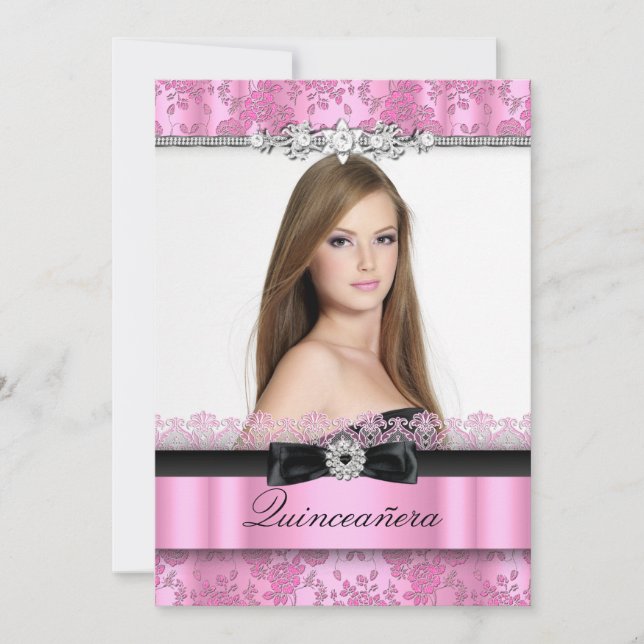 Invitación a Quinceanera con foto de encaje rosa y (Anverso)