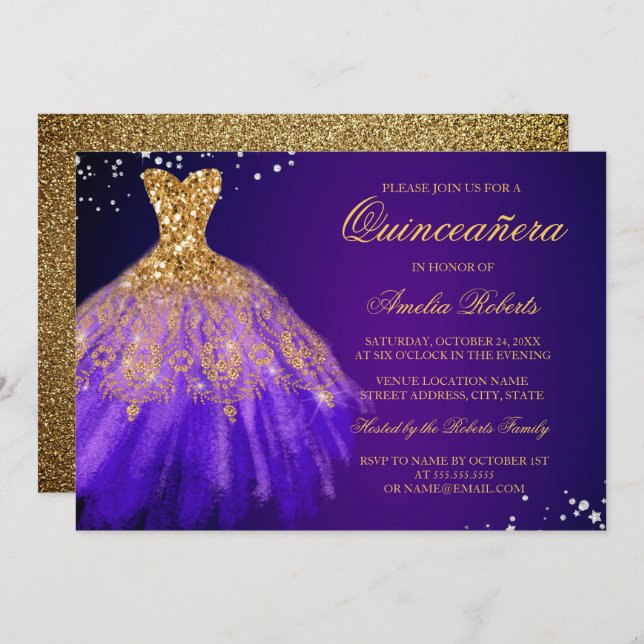 Invitación a Quinceanera con gafas de oro púrpura (Anverso / Reverso)