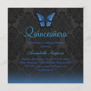 Invitación a Quinceanera con mariposa azul y damas