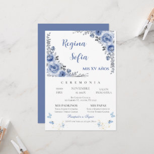 Invitación a Quinceanera con mariposa floral azul