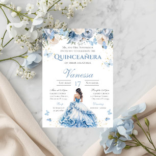 Invitación a Quinceanera con mariposa floral azul