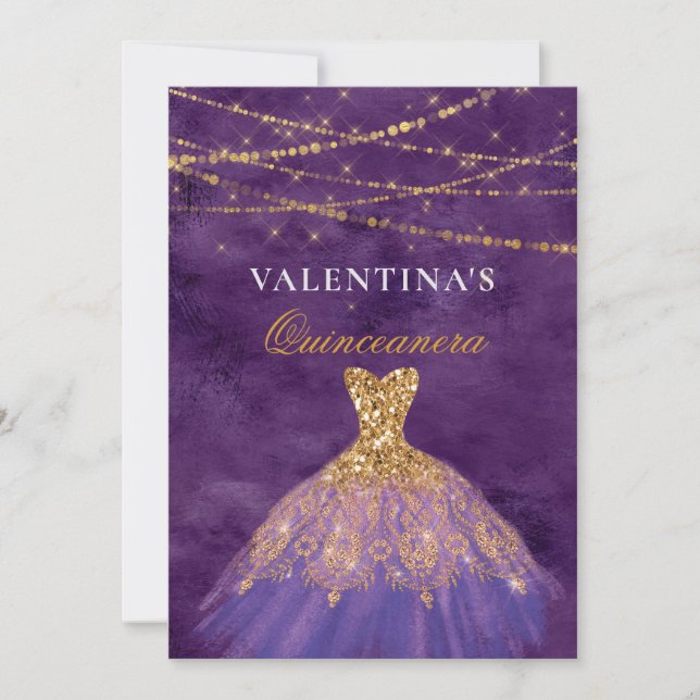 Invitación a Quinceanera con Purpurina de oro púrp (Anverso)