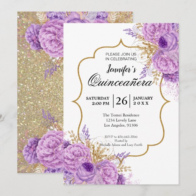 Invitación a Quinceanera con purpurina morado (Anverso / Reverso)