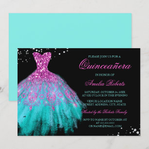 Invitación a Quinceanera con traje de aguja rosado