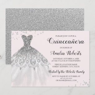 Invitación a Quinceanera con traje de aguja rosado