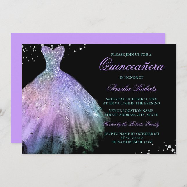 Invitación a Quinceanera con traje de chispa verde (Anverso / Reverso)