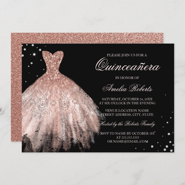 Invitación a Quinceanera con traje de Rosa negro d (Anverso / Reverso)