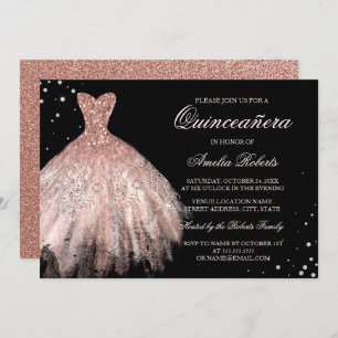 Invitación a Quinceanera con traje de Rosa negro d