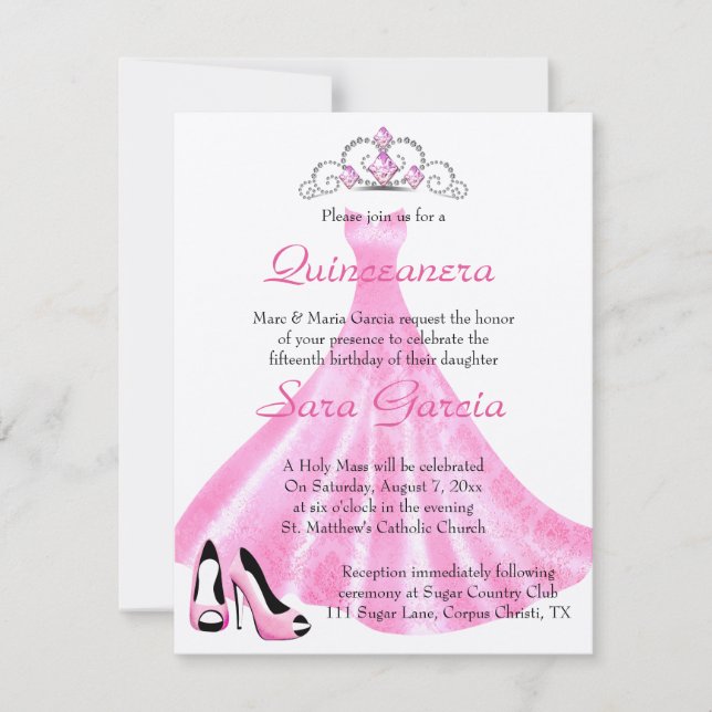 Invitación a Quinceanera con traje rosa (Anverso)