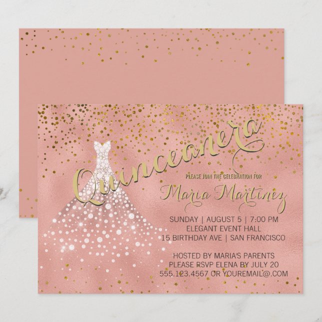 Invitación a Quinceanera con vestido de diamante d (Anverso / Reverso)