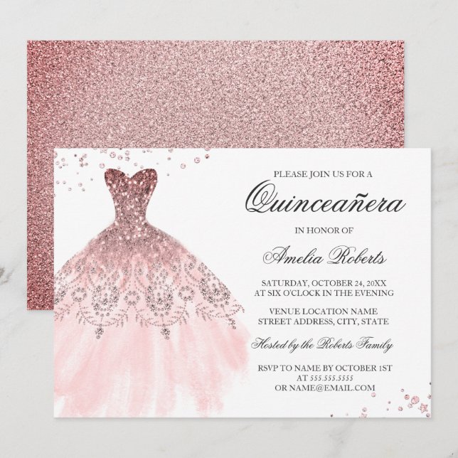 Invitación a Quinceanera con vestido de oro de Ros (Anverso / Reverso)