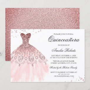 Invitación a Quinceanera con vestido de oro de Ros