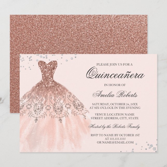 Invitación a Quinceanera con vestido de piel de or (Anverso / Reverso)