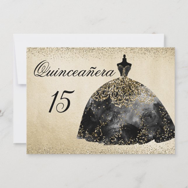 Invitación a Quinceanera con vestido negro de Reli (Anverso)