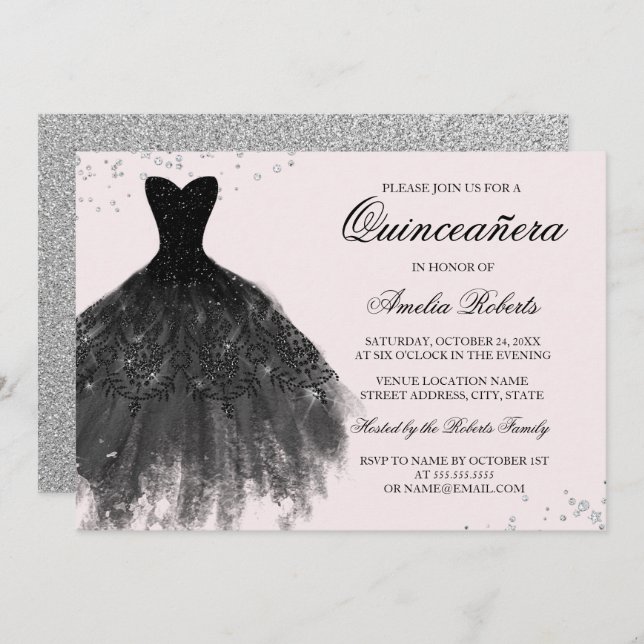 Invitación a Quinceanera con vestido negro rosa (Anverso / Reverso)