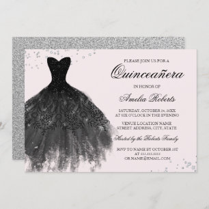 Invitación a Quinceanera con vestido negro rosa