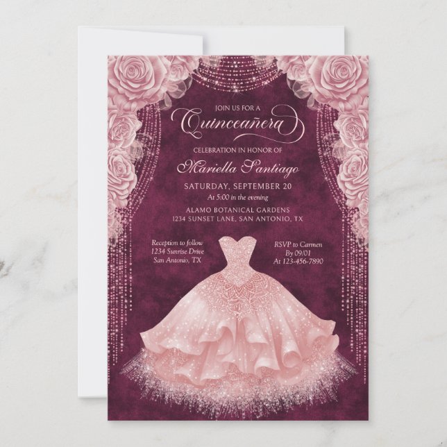 Invitación a Quinceanera con vestimenta floral ros (Anverso)