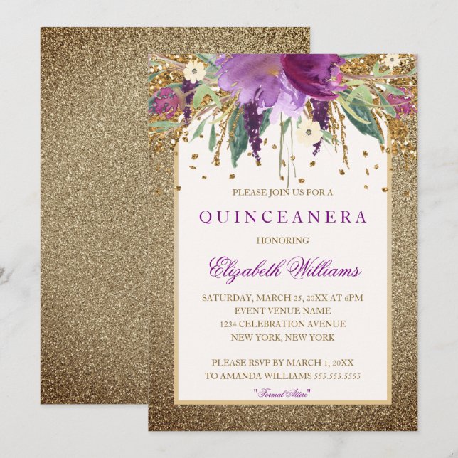 Invitación a Quinceanera de Ametryst Floral Gold (Anverso / Reverso)