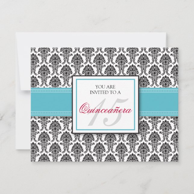 Invitación a Quinceanera de Aqua Damask en INGLÉS (Anverso)