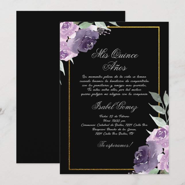 Invitación a Quinceanera de Black Purple Flower (Anverso / Reverso)