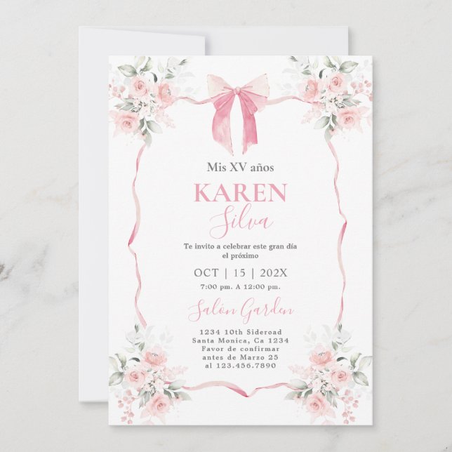Invitación a Quinceanera de Bow Rosado (Anverso)