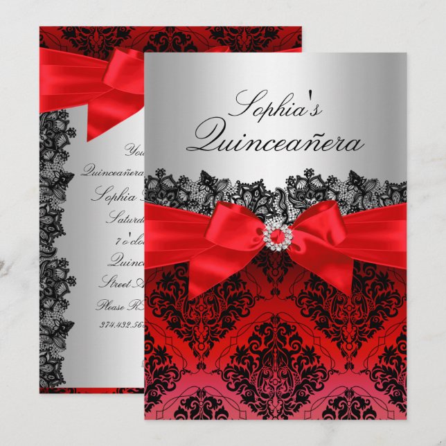 Invitación a Quinceanera de Bow y Damask de encaje (Anverso / Reverso)
