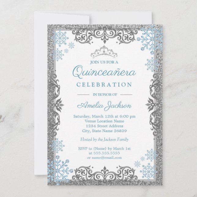 Invitación a Quinceanera de copo de nieve con espu (Anverso)